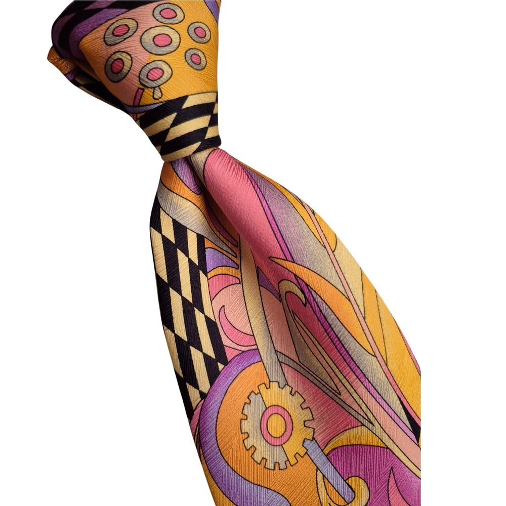 Pancaldi Mens Silk‎ Tie Abstract Psychedelic Gold Floral Geometric Made in Italy